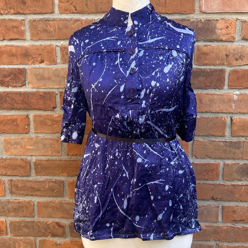Alexander McQueen Navy Blue and White Splatter Print Blouse